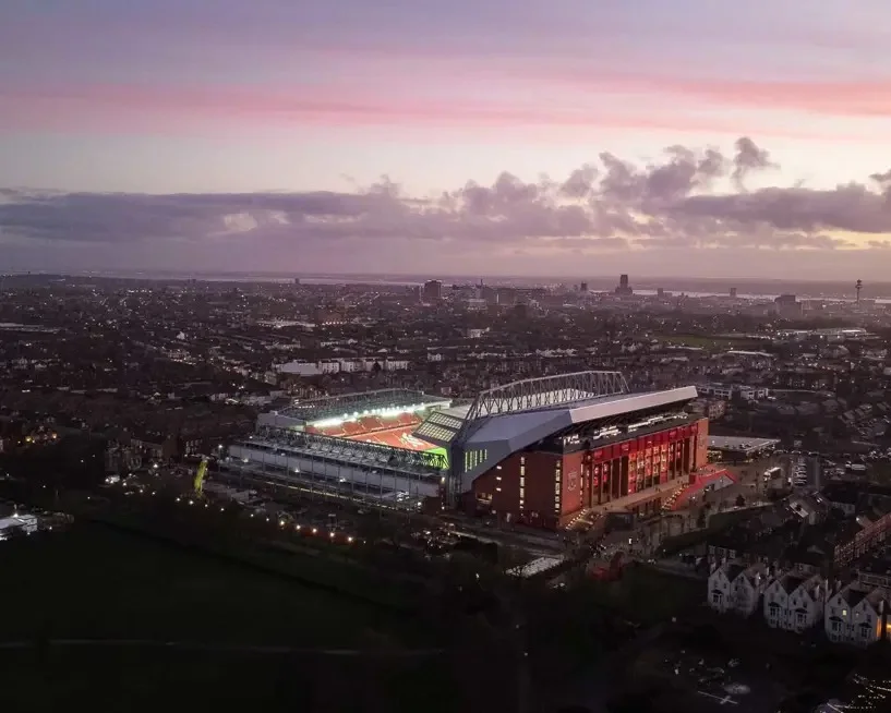 Anfield lit up at dusk