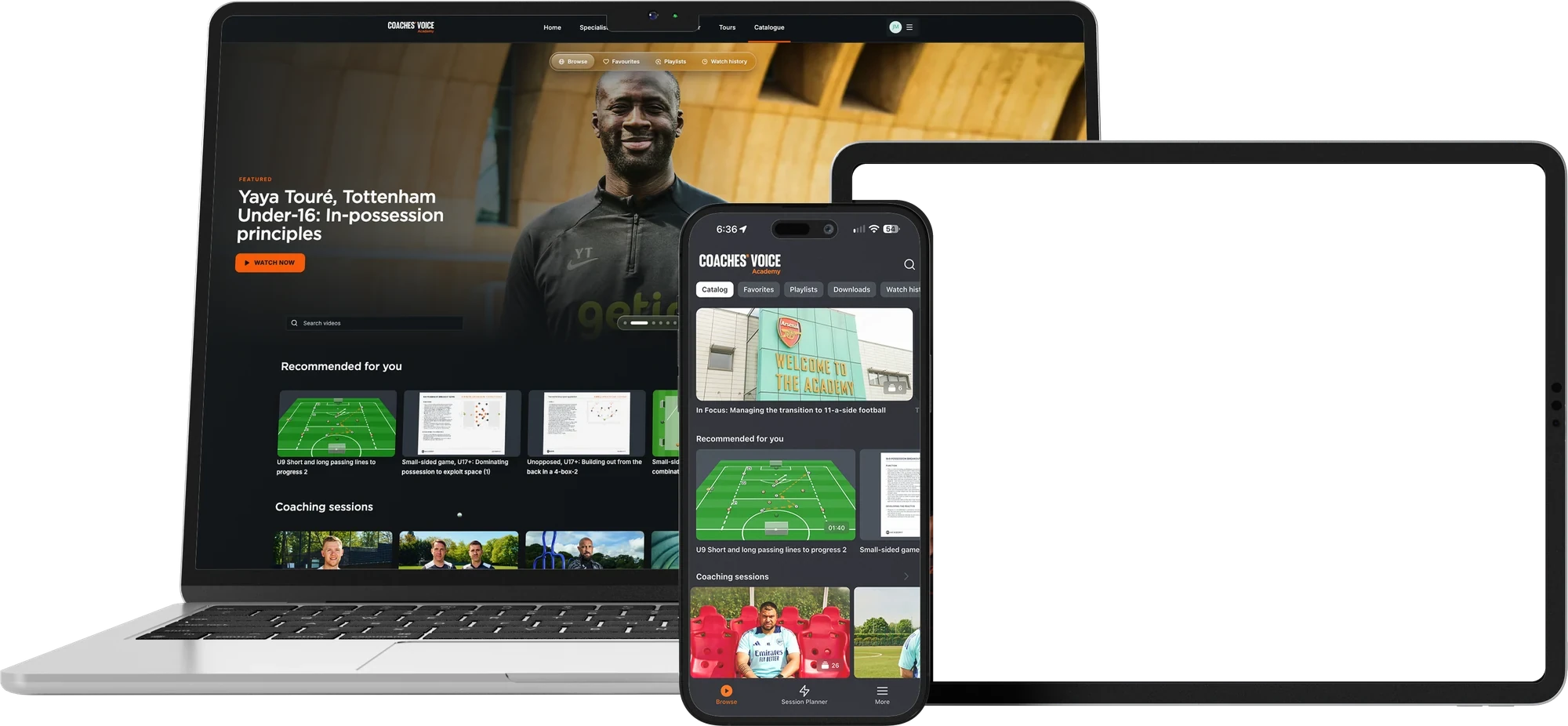 Coaches’ Voice Academy on laptop, tablet and phone: the logged-in catalogue, Thiago Alcântara’s Masterclass and the app